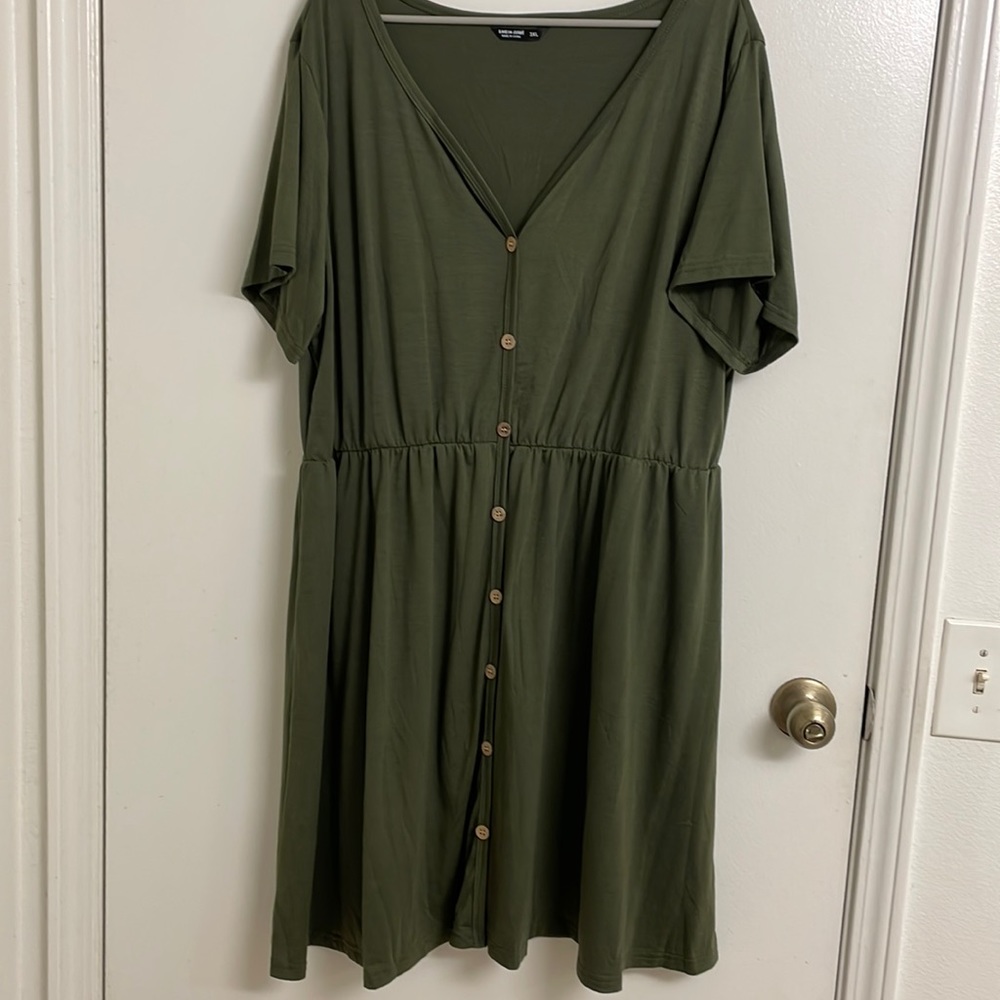 SHEIN LUNE Plus Solid Button Front High Waist A-Line Army Green Dress size 3X